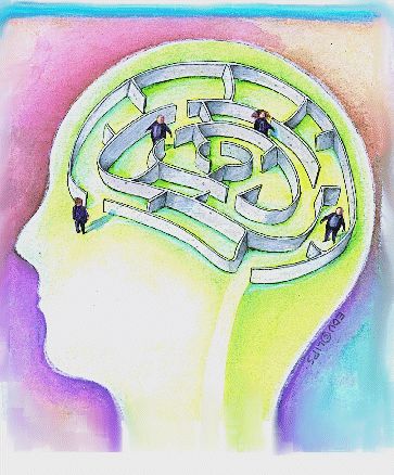 Illustration of head with a maze for a brain.